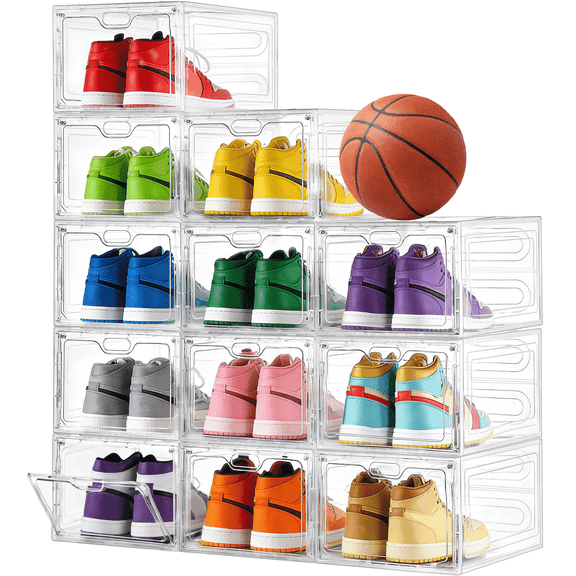 VOZOGO 12 Pack Clear Shoe Storage Organizer with Magnetic Door, Sturdy Stackable Shoe Boxes for Closet, Collapsible Space-Saving Shoe Rack for Sneakers & Boots, Plastic Shoe Cabinet Box Set