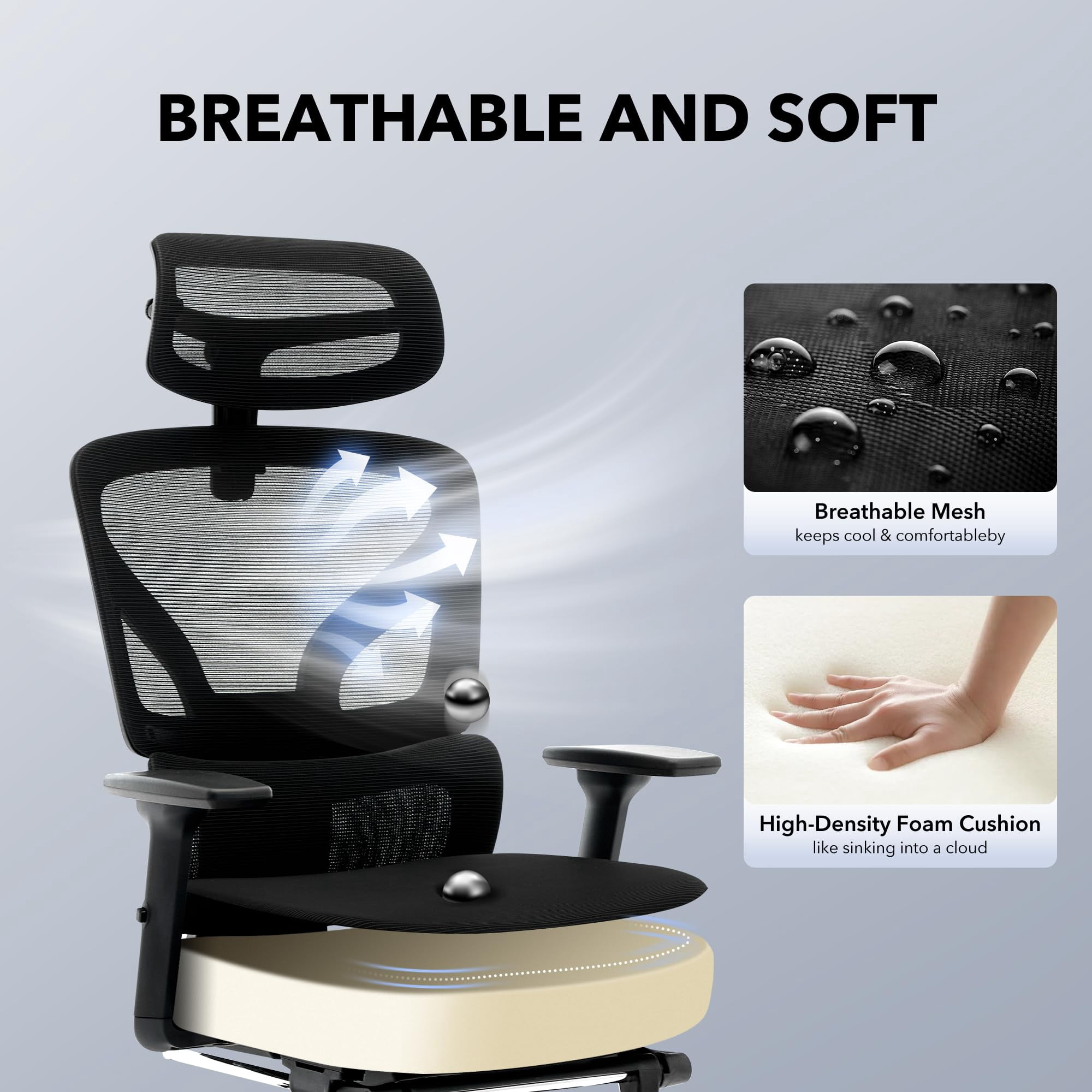 Ergonomic High-Back Mesh Office Chair – Adjustable Footrest, 3D Armrests, Lumbar Support, Headrest & Recline – Swivel Task Chair, Electroplated Frame – Black, With Footrest