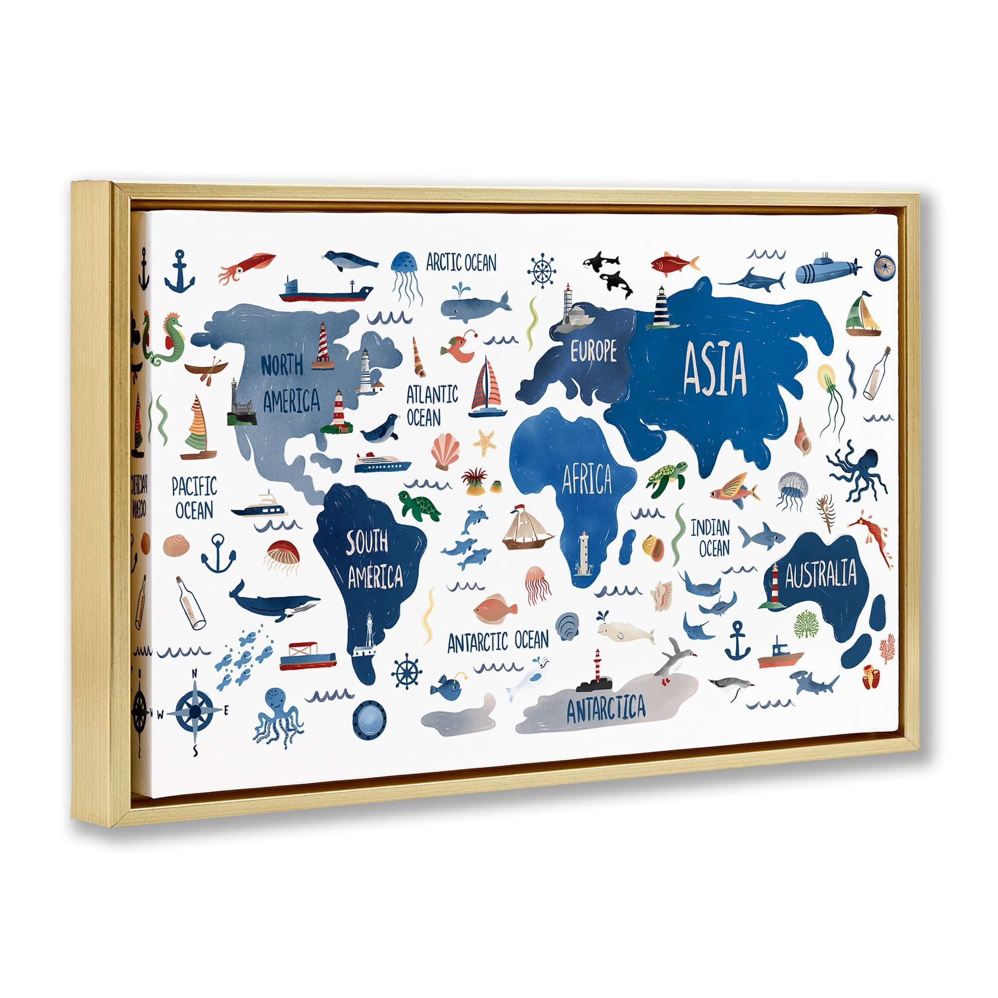 Stupell Industries Nautical Themed Map Town & City Painting Gold Floater Framed Art Print Wall Art, 31 x 21