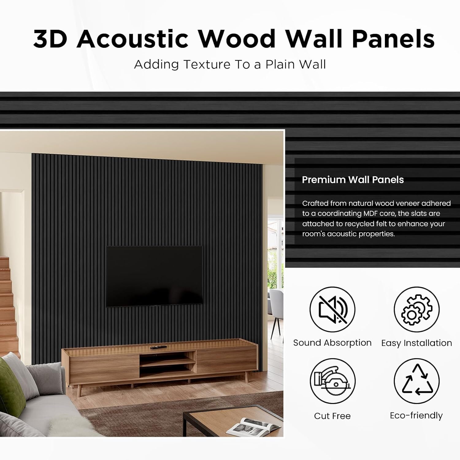 Easy4Home 6Pcs Wood Soundproof Wall Panels 94" x 7.9" Wood Slat Acoustic Panels,Classic Black Oak