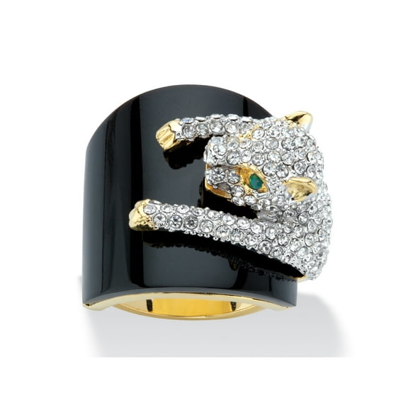 PalmBeach Jewelry Genuine Black Onyx and Round Crystal Leopard Cocktail Ring with Green Crystal Accents Gold-Plated