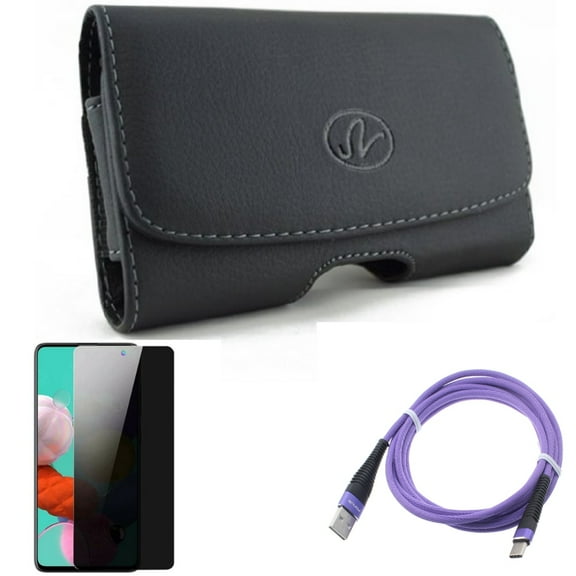 Case Belt Clip & 6ft USB Cable & Privacy Screen Protector for Samsung Galaxy S20 Fan Edition - Leather Swivel Purple Type-C Tempered Glass Anti-Spy Combo