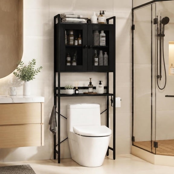 Over-The-Toilet Storage Cabinet, 2-Door Freestanding Black Metal Frame with Adjustable Shelf