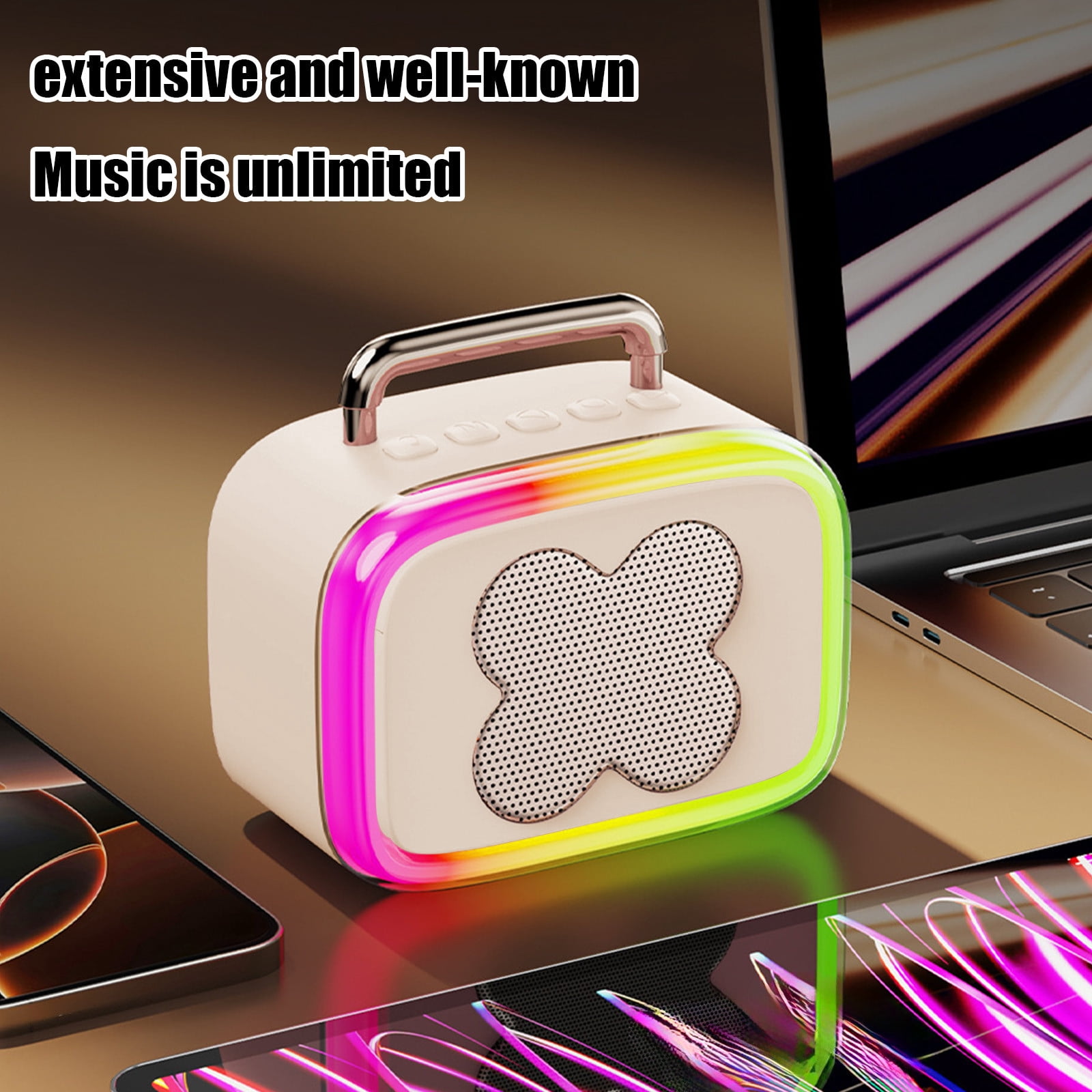 LACKUST RGB Bluetooth 5.3 Speaker, Low Latency Desktop Wireless Speaker with Color Changing Lights, Long Battery Life Room-Filling Sound for Gaming Movies Party - Beige