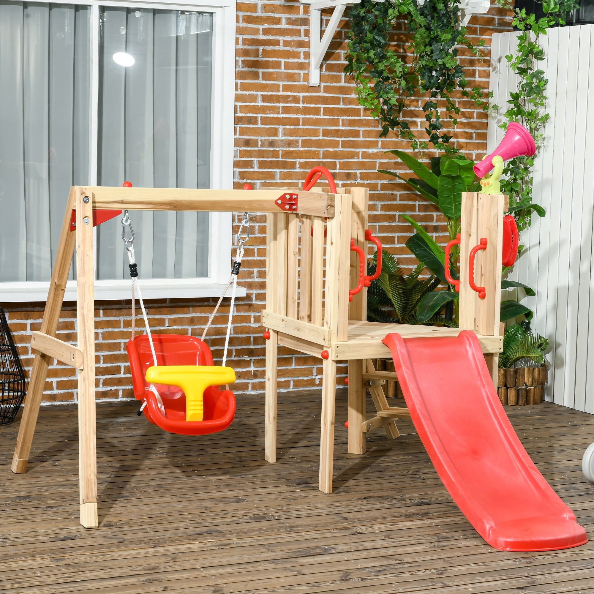 Kids Swing Set with Captain's Wheel Telescope Mailbox 220 lbs Capacity for Ages 1.5-4 Pretend Play