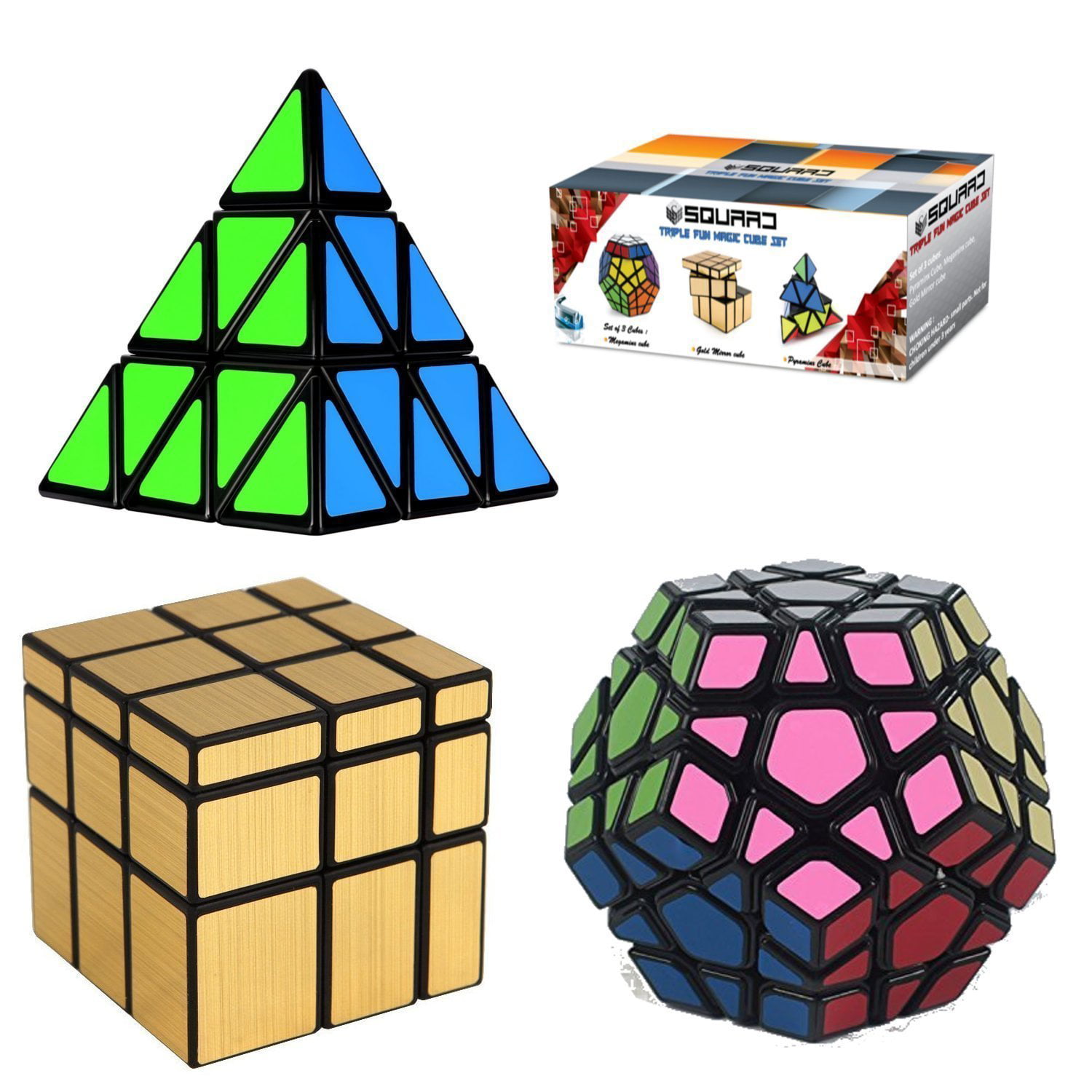 Squaad Magic Cube Set of 3 Popular Cubes bundles- Pyraminx Pyramid 3-d Puzzle cube Black Megaminx Cube and Gold Mirror Cube Great Entertainment For Adults and Kids