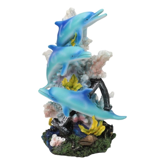 3 Blue Dolphins Swimming Around Coral Reef With Sunken Ship Anchor Figurine