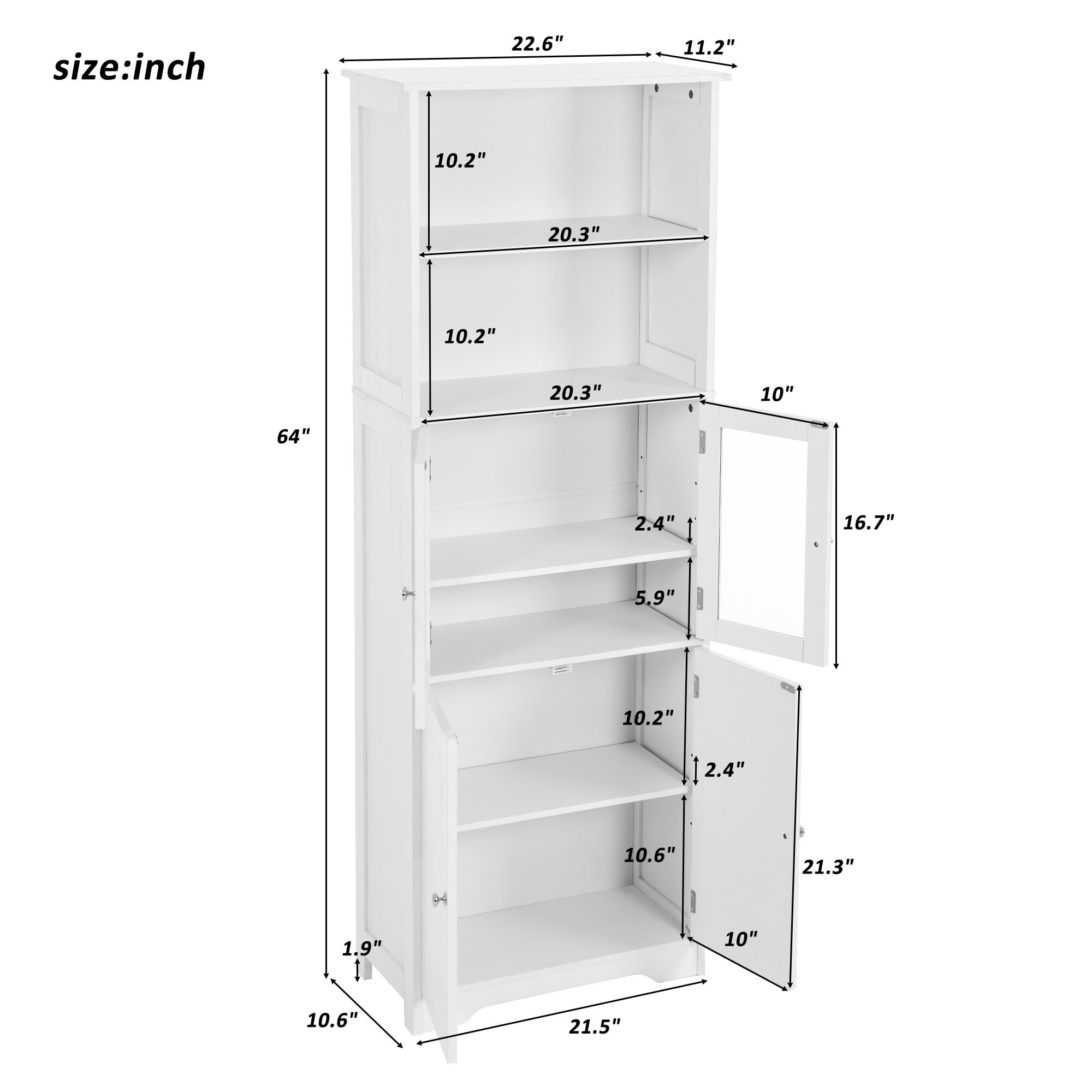 AENKYO Tall Storage Cabinet with Adjustable Shelves, Glass Doors, and Open Shelves, Bathroom or Kitchen, White