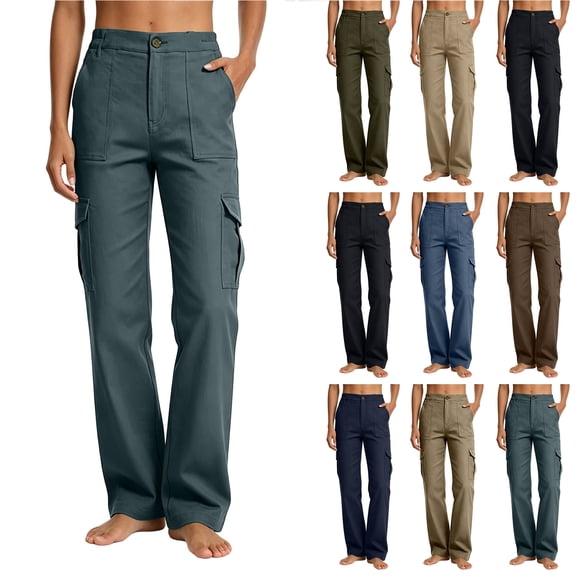 Bloomae Women's Cargo Pants Loose Wide Straight Leg Casual Button Elastic High Waist Outdoor Work Trousers Streetwear Y2K Pants with Multi-Pockets