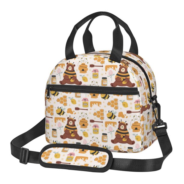 Fotbe Cute Bee Honey Jar Hive Bear Bolsa de Almuerzo con Estampado, Lonchera Aislada, Contenedores de Comida Reutilizables Tipo Cooler a Prueba de Fugas