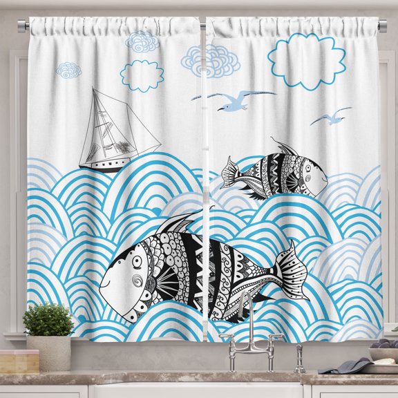 Ambesonne Fish Kitchen Curtains, Sketch Boat and Animals, 55"x39", Blue Black and White
