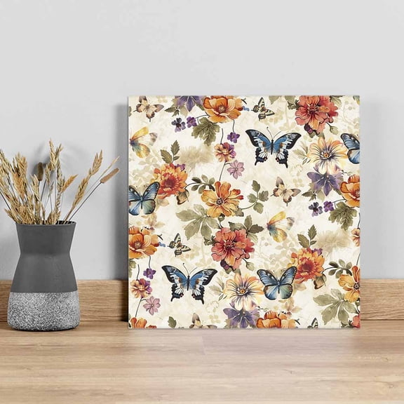Spring Floral Wall Art Painting on Canvas, Colorful Vintage Botanical Butterfly Canvas Art Home Prints Wall Art Framed Modern Artwork for Living Room Bedroom Wall Decor 12x12in