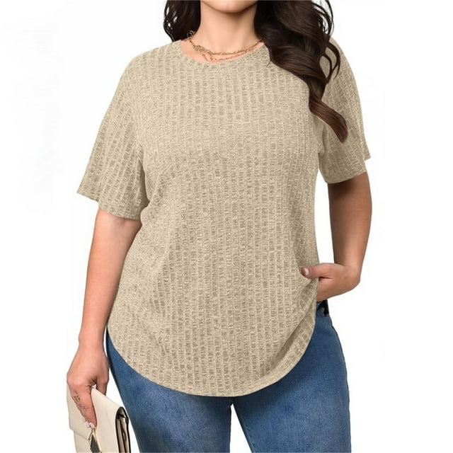TaTaai Plus Size Everyday Top Women, Striped Short Sleeve Round Neck T-Shirt, Loose Fit Five Quarter Sleeve Blouse, Lightweight Soft Casual Apparel Gift