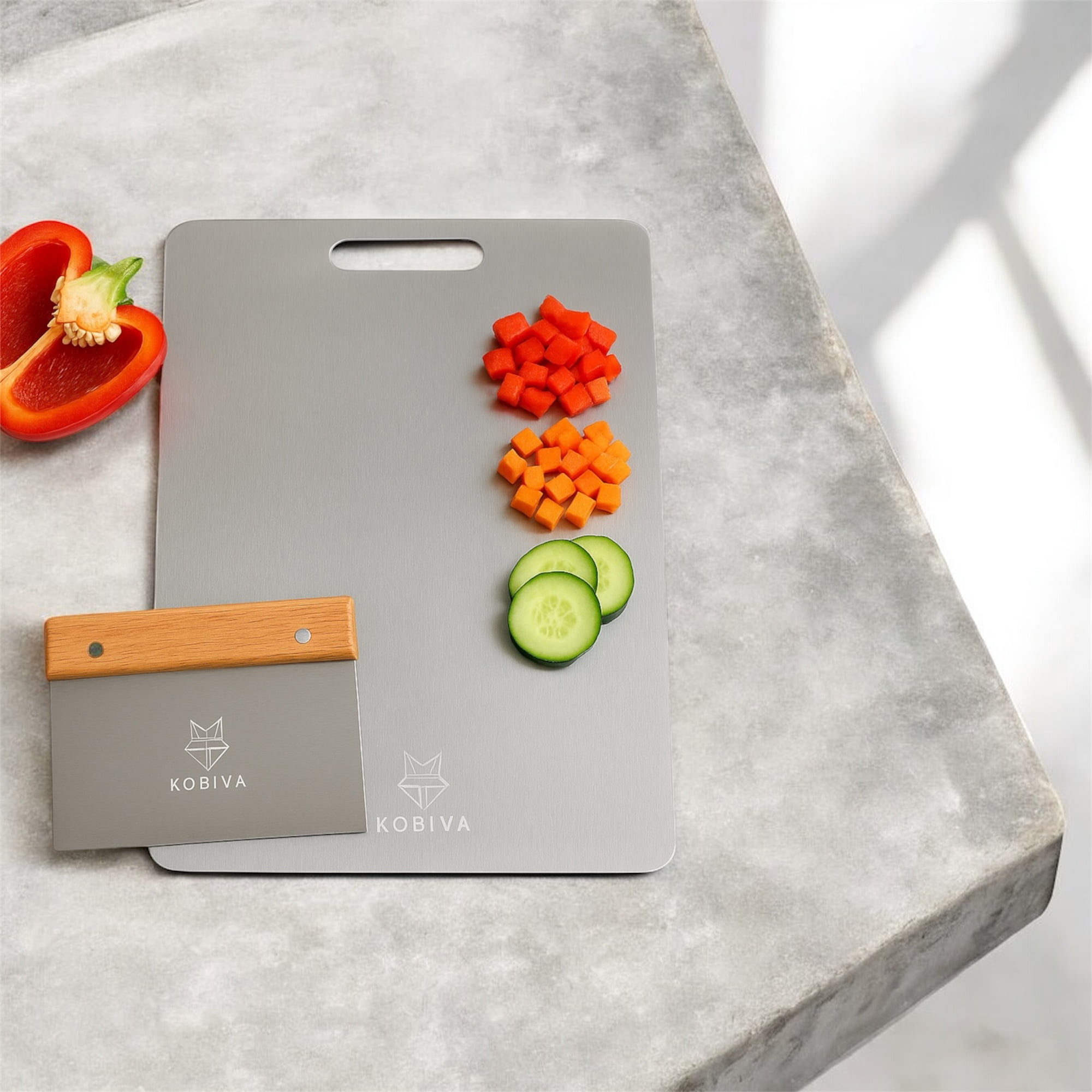 304 Stainless Steel Cutting Board with Bench Scraper & Wooden Handle | Food Grade, Large Metal Chopping Board, Dough Cutter, Dishwasher Safe | Kitchen Set for Meat, Bread, Vegetables & Pastry