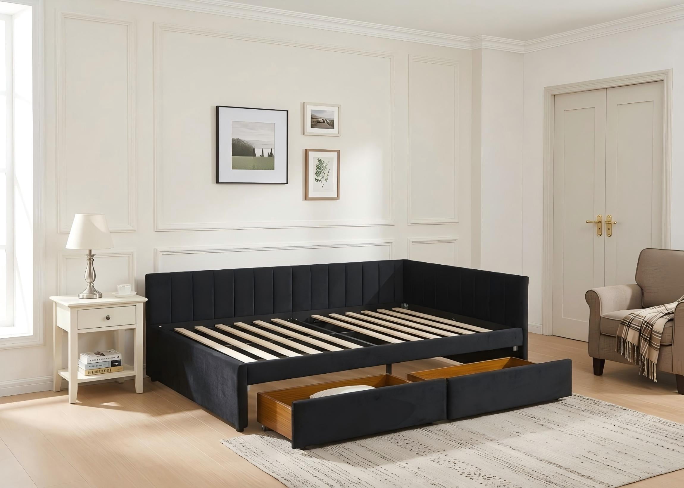 Aukfa Queen Size Upholstered Daybed with 2 Storage Drawers, L-Shaped Channel-Tufted Headboard, Black