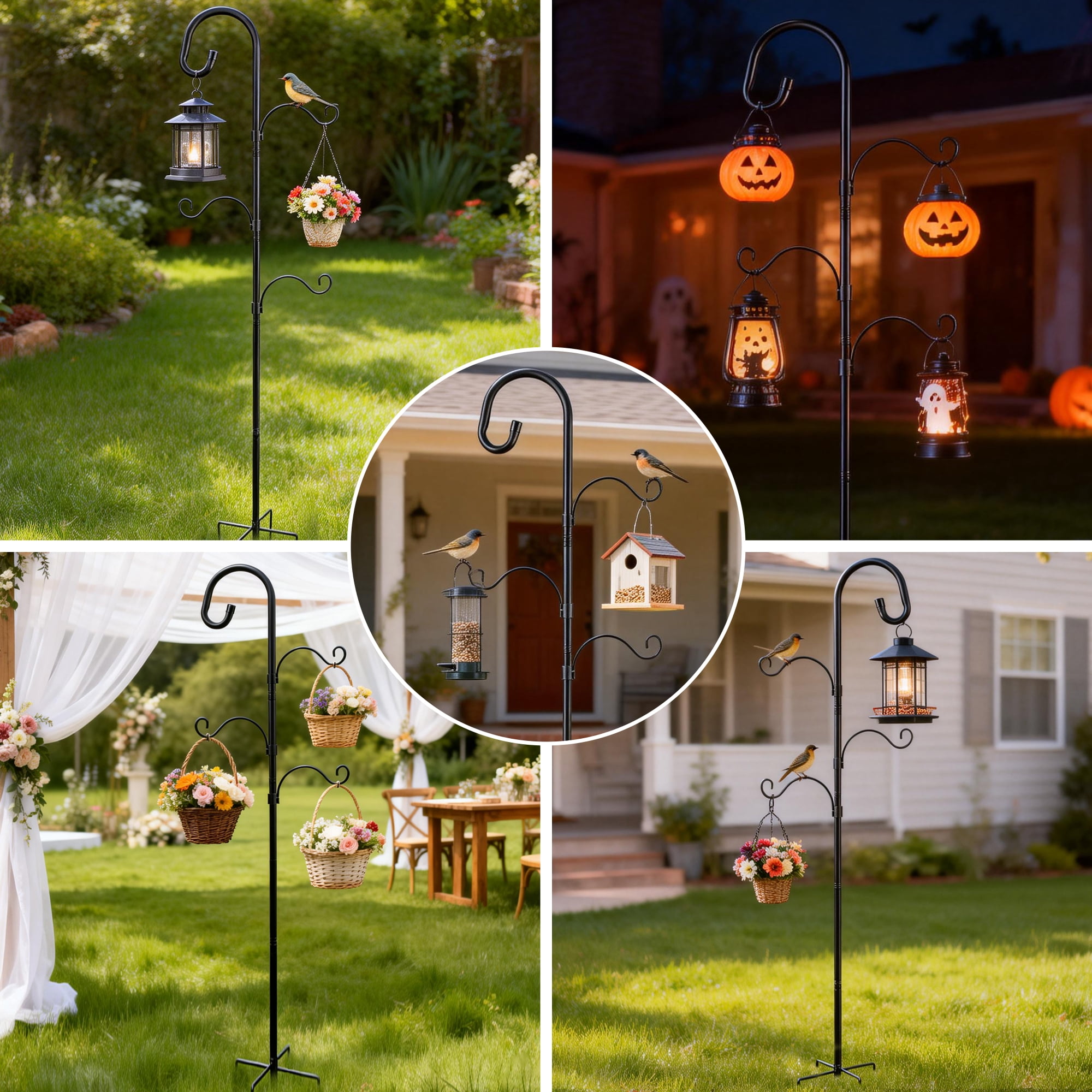 92 Inch Shepherds Hooks for Outdoor with 4 Hooks, Heavy Duty Bird Feeder Pole with 5 Base Prongs, Adjustable Garden Hanging Holder for Bird Feeders, Lanterns, Valentine's Gift Weddings Decor