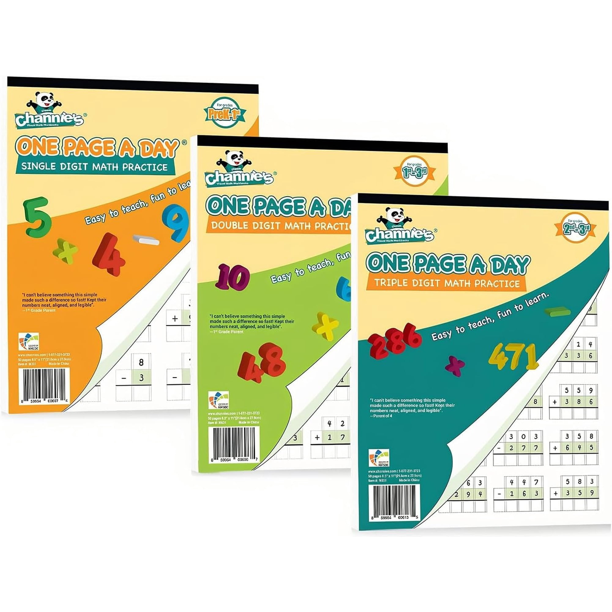 Channie’s One Page A Day Single, Double, Triple Digit Math Practice Workbooks, 3 Pack Math Kit, Grades 2-4th