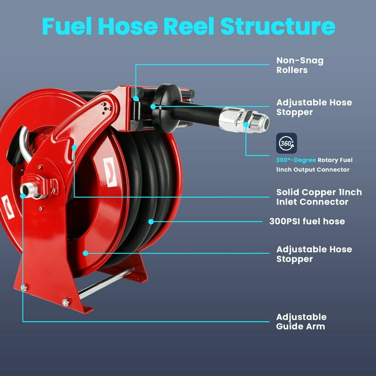 Fuel Hose Reel Retractable with Fueling Nozzle, Diesel Fuel Hose Reel 3/4  50ft Spring Driven Diesel Hose Reel 300 PSI Industrial Auto Swivel Heavy