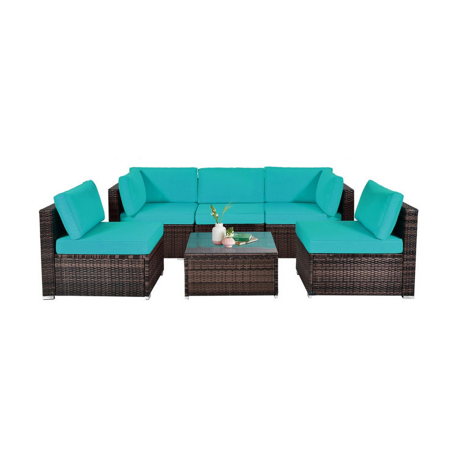 Aimee Lii 6 Pieces Patio Rattan Sectional Furniture Set with Cushions and Coffee Table, Outdoor Deck Furniture, Turquoise