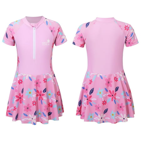 iiniim Kids Girls One-Piece Swimwear Short Sleeve Floral Swim Dress Ruffle Skirt 5-12 Pink 8-9