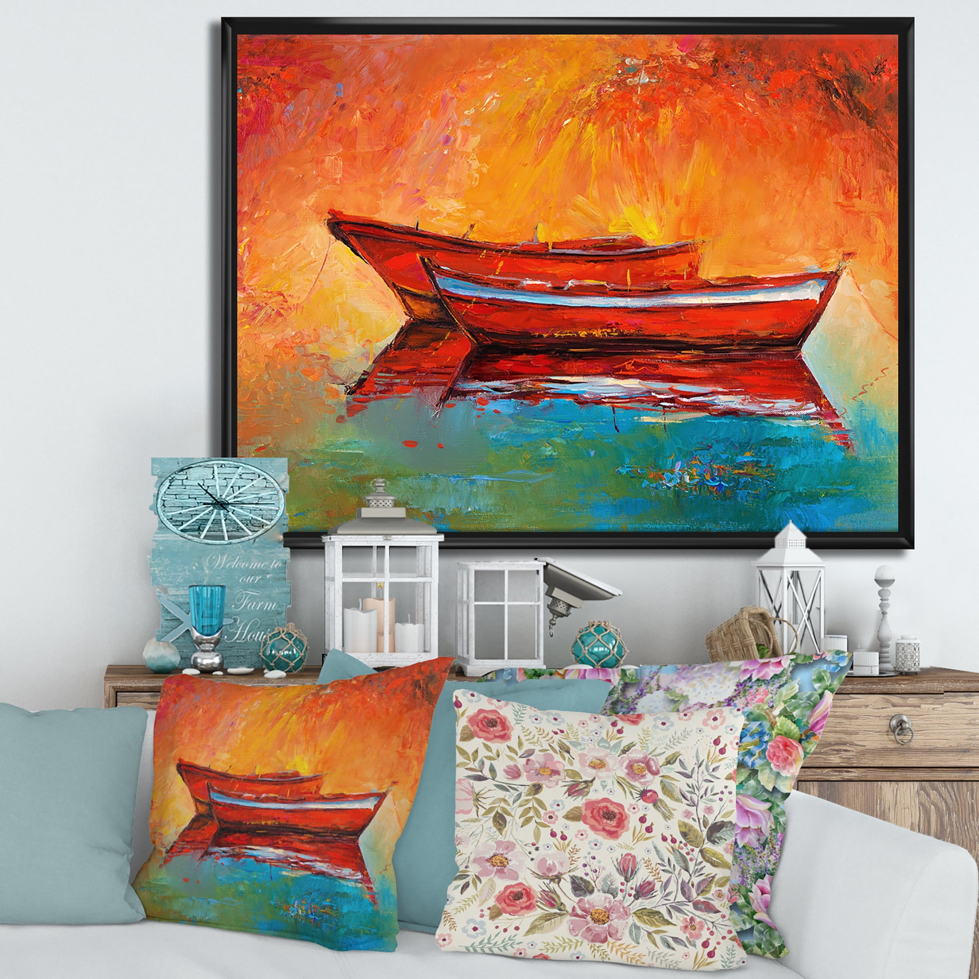 Designart 'Two Red Boats During Sunset In Lake' Nautical & Coastal Framed Canvas Wall Art Print