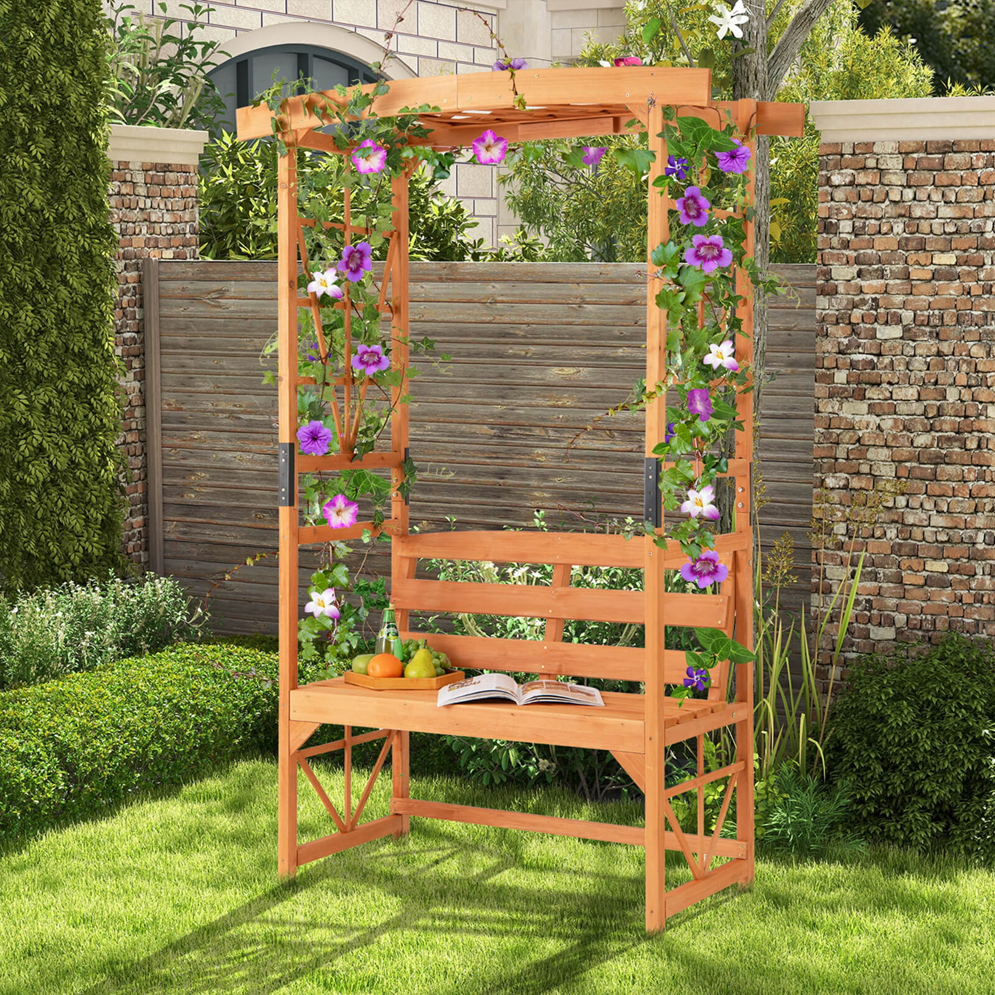 Costway Patio Garden Arbor with Pergola Bench 2 Trellises for Climbing  Plants Vines Grapes
