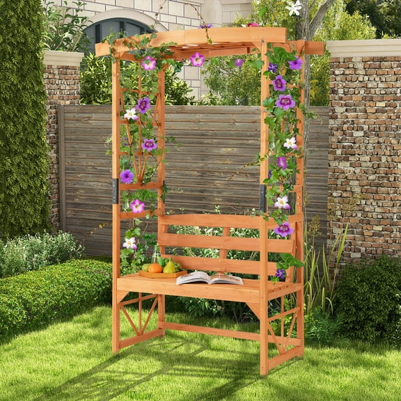 Costway Patio Garden Arbor with Pergola Bench 2 Trellises for Climbing Plants Vines Grapes