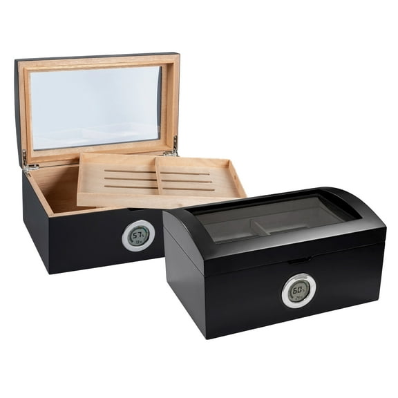 Portofino Dome Style Tinted Glass Cigar Humidor - Smooth Matte Black Finish - Capacity: 120