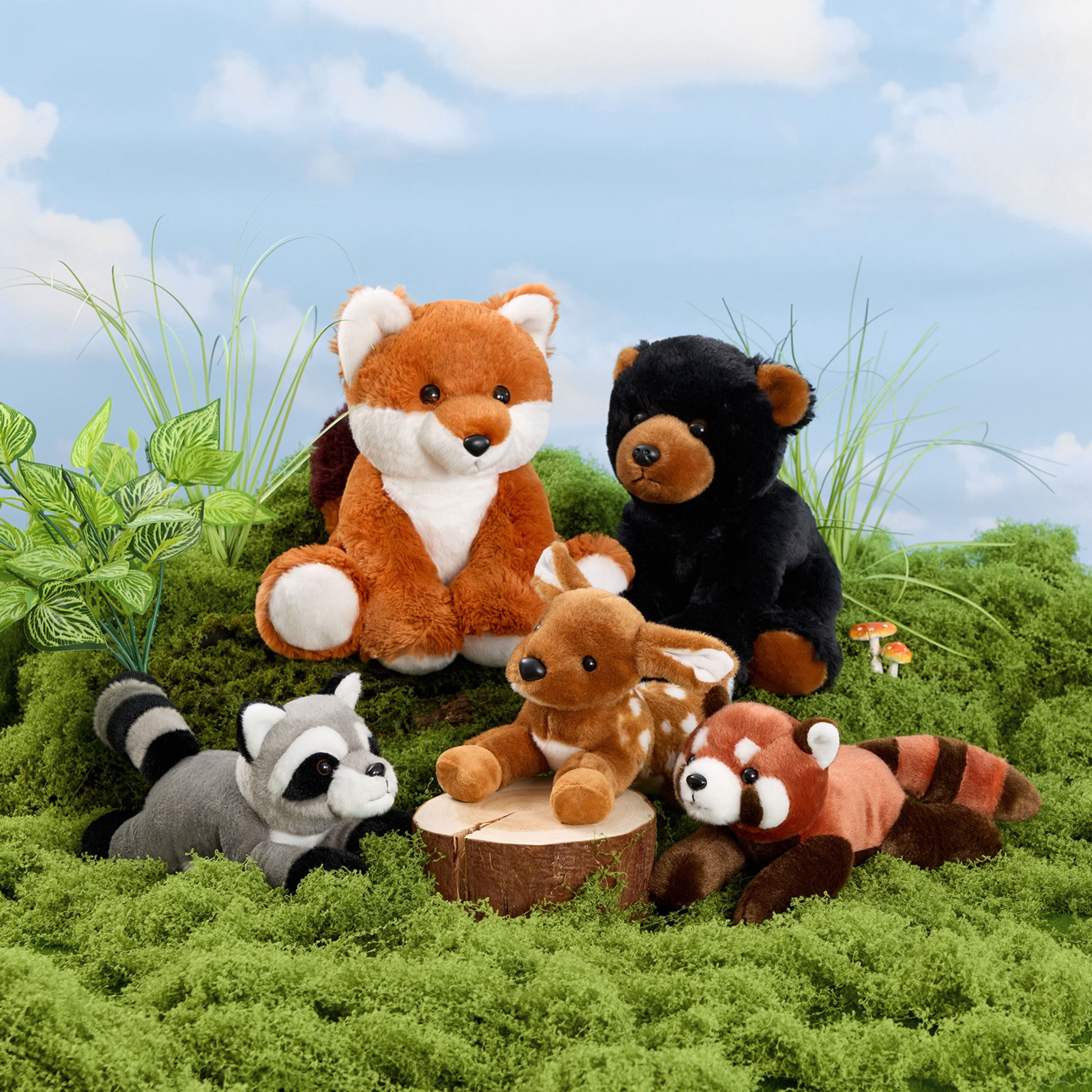 Muiteiur 5 Pieces Woodland Stuffed Animals Bulk Stuffed Animals Plush Toy(Bear/Fox/Sika Deer/Raccoon/Red Panda)