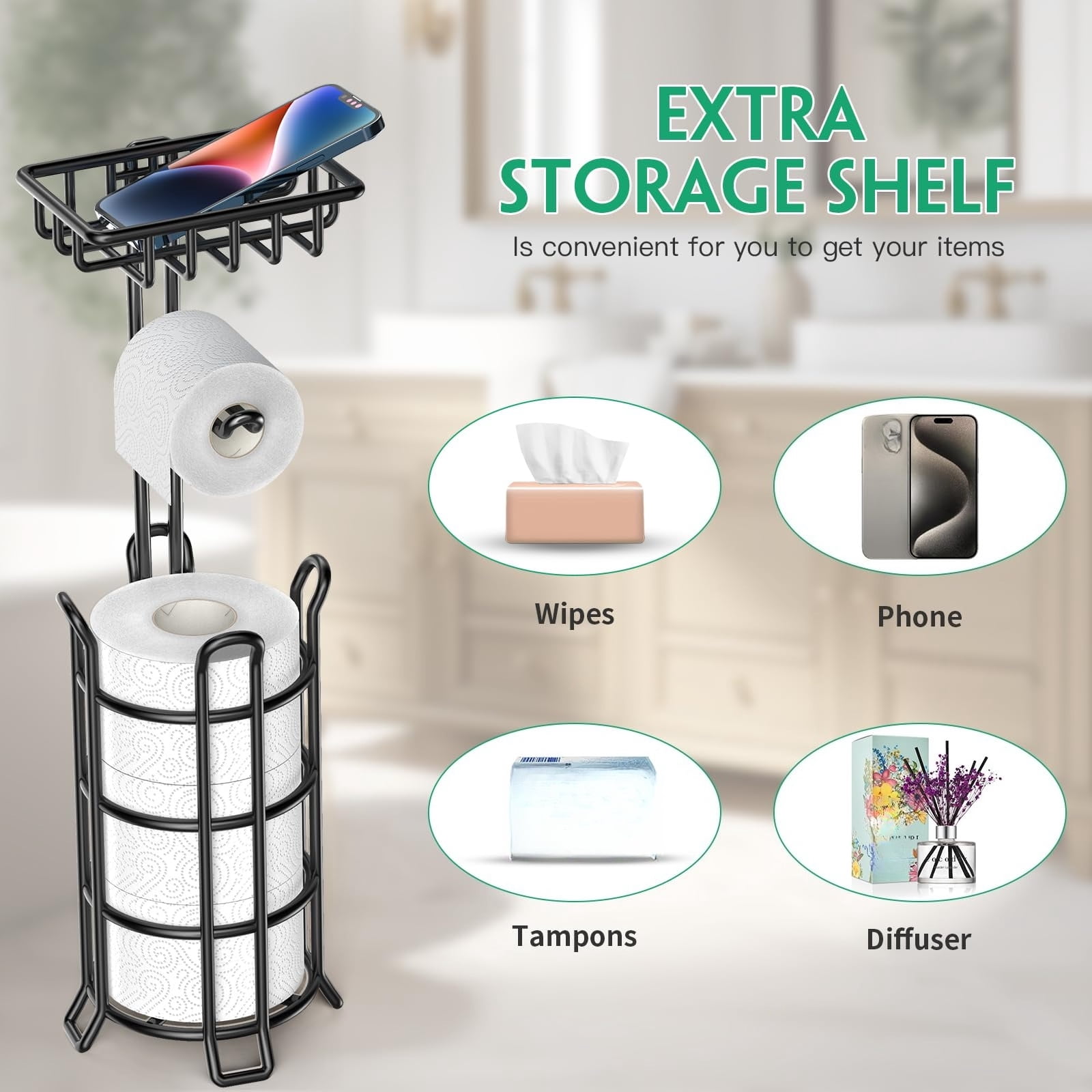 Toilet Paper Holder Toilet Paper Stand and Dispenser for 3 Spare Rolls Metal Wire Free-Standing Toilet Tissue Paper Roll Storage Shelf Bathroom Accessories Storage Organizer Black