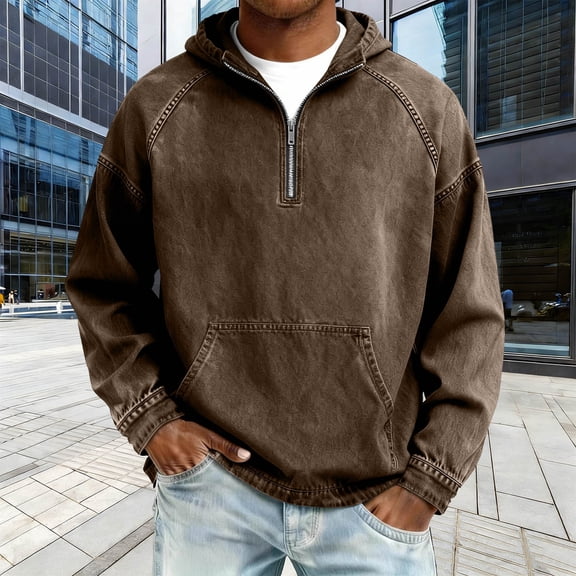 YueHuiYing Men's Washed Distressed Denim Pullover Hoodie Soft Brushed Fleece Lining Long Sleeve for Casual Comfort