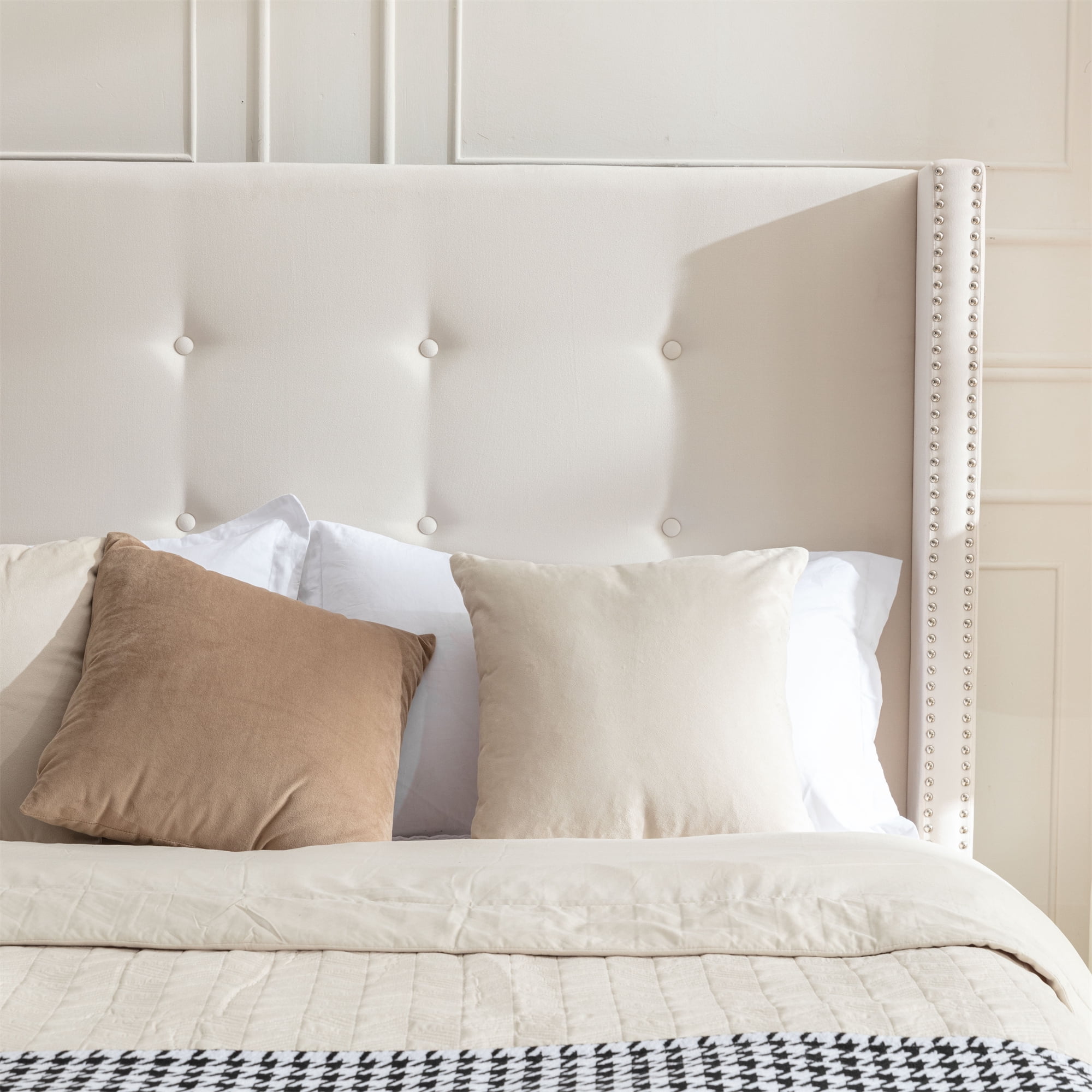 Miniyam King Size Platform Bed Frame with 54" High Wingback Headboard, Tufted & Nailhead Trim, Beige