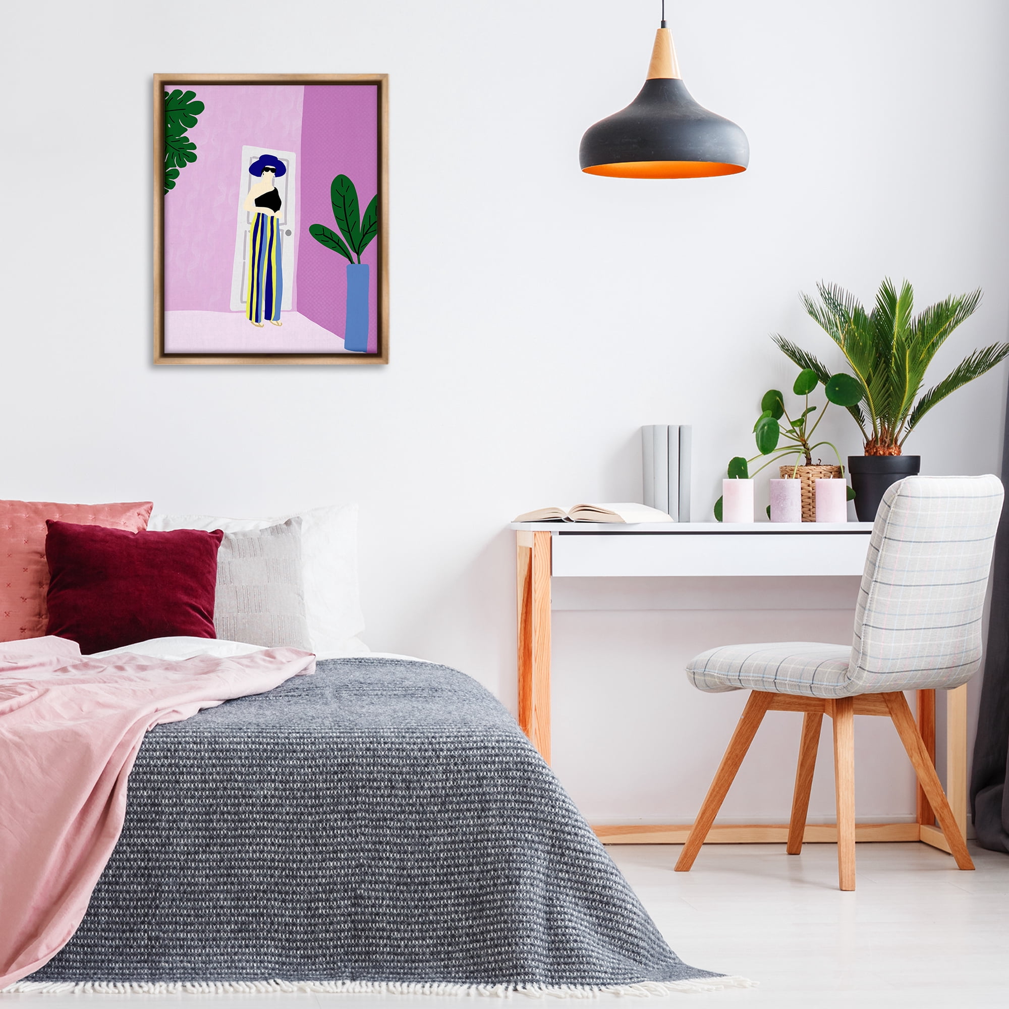 Stupell Industries Trendy Girl on Purple Novelty Painting Brown Floater Framed Art Print Wall Art, 25 x 31