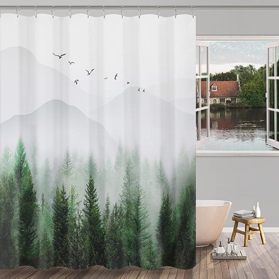 Blue Misty Forest Mountain Nature Tree Fabric Shower Curtains for Bathroom Waterproof Heavy Duty Navy Blue and White Woohitedland Shower Curtain Bathtubs Hotel, 72 x 72 inch
