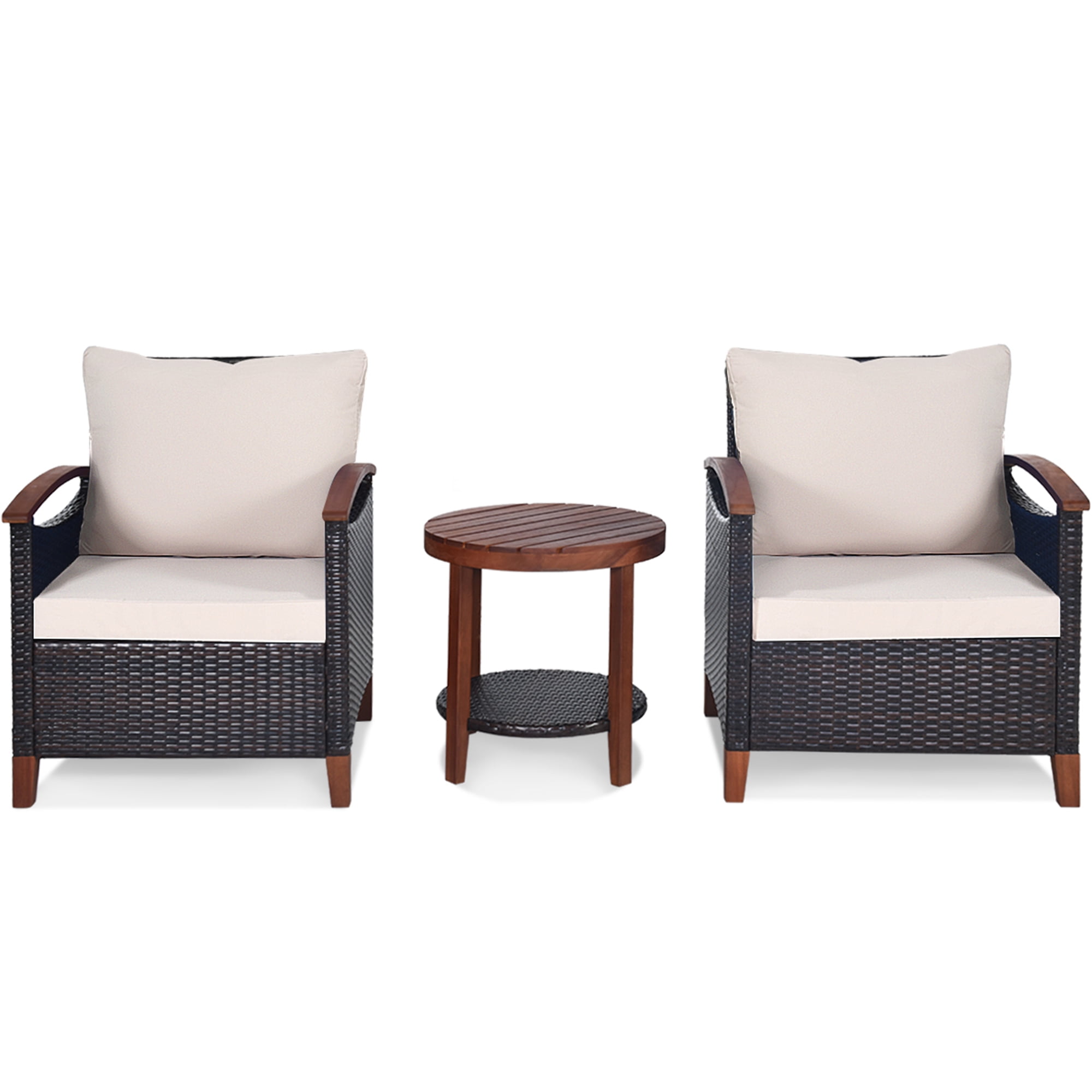 Gymax 3PCS Patio Wicker Rattan Conversation Set Outdoor Furniture Set w/ Beige Cushion