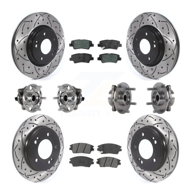 Transit Auto Front Rear Hub Bearing Assembly Coated Disc Brake Rotors and Semi-Metallic Pads Kit (10Pc) for Car 2017-2020 Hyundai Elantra 1.6L with Torsion Beam Suspension - Left Right Side KBB-123762