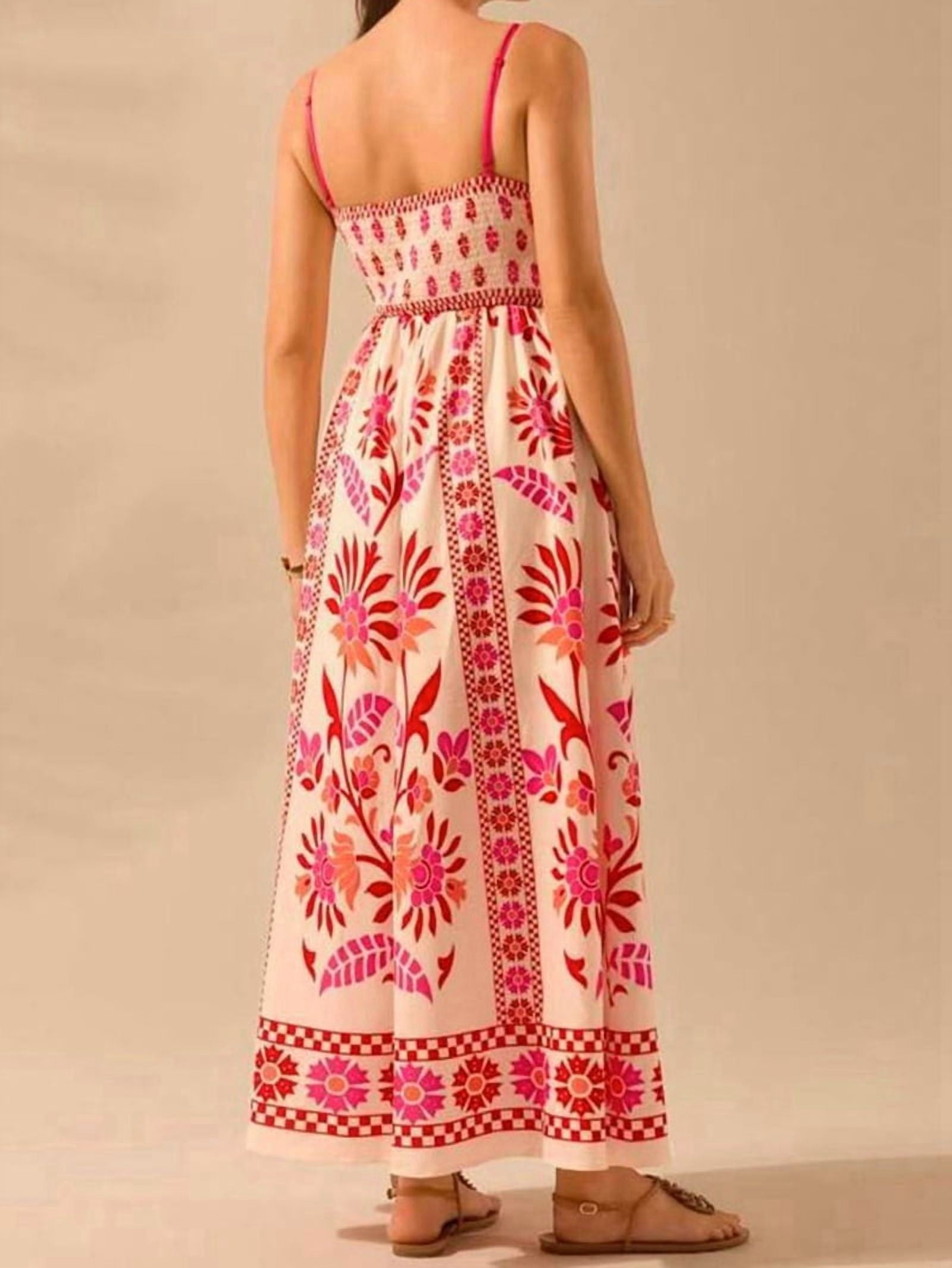 Womens 2025 Summer Floral Maxi Dress Sleeveless Spaghetti Strap Printed Smocked Boho Beach Long Dress Red M