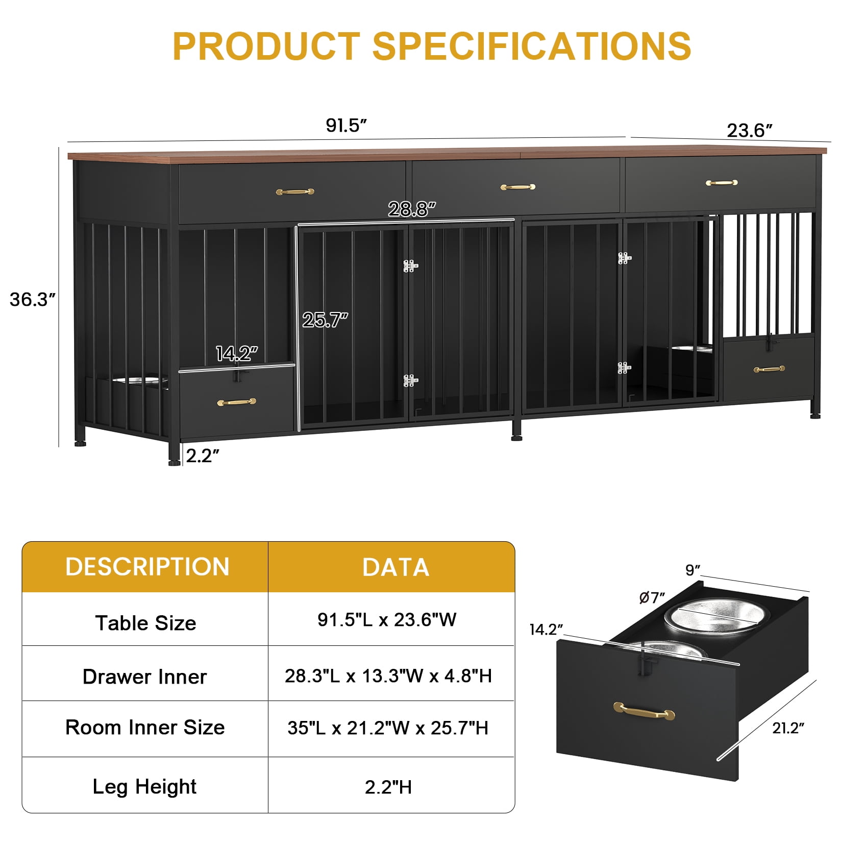 MOWPEX Extra Large Dog Crate Furniture with Feeder & 3 Drawers, 91.6" L, Heavy Duty Double Dog Kennel Furniture for Small, Medium & Large Dogs, Sturdy Black Pet Crate Table with Storage