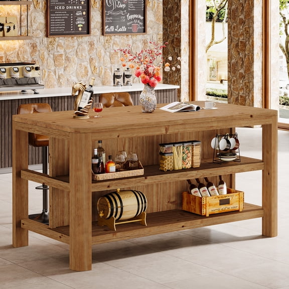 Finmind 63-inch Solid Wood Bar Table, Counter Height Pub Table with Storage Shelves, Rectangular 3-Tier Home Bar Unit for Kitchen, Pub, Natural Brown