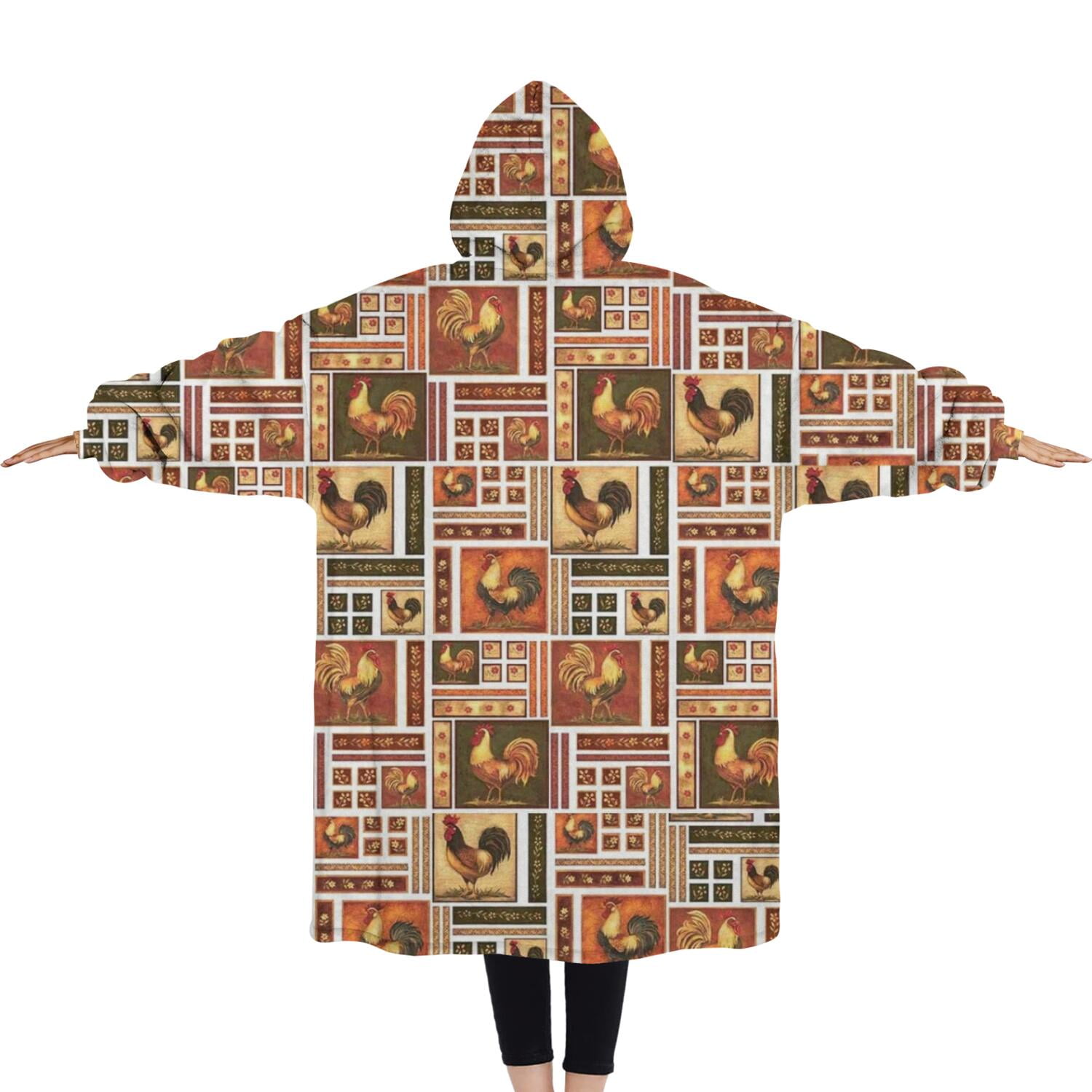Oversized Wearable Blanket Hoodie,Patchwork Chicken Pattern Sherpa Blanket Hoodie with Super Pockets,Super Warm Fuzzy Pullover for Women & Men