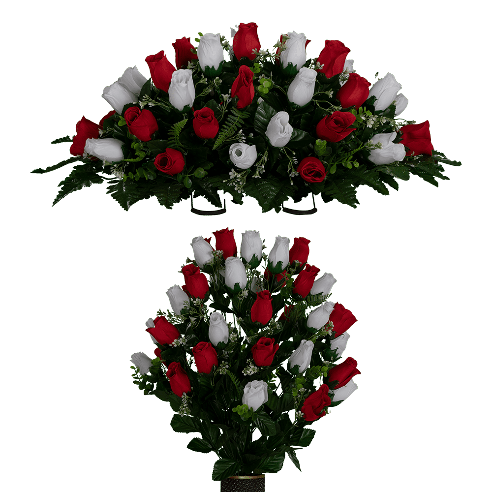 Sympathy Silks Artificial Cemetery Flowers Red and White Rose Buds