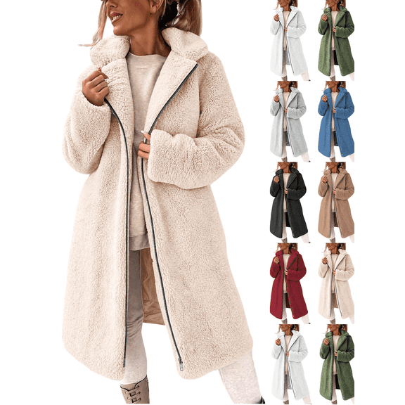 Womens Overcoat Casual Warm Loose Medium Long Coat Heavyweight Full Zip Long Sleeved Lapel Winter Outerwear