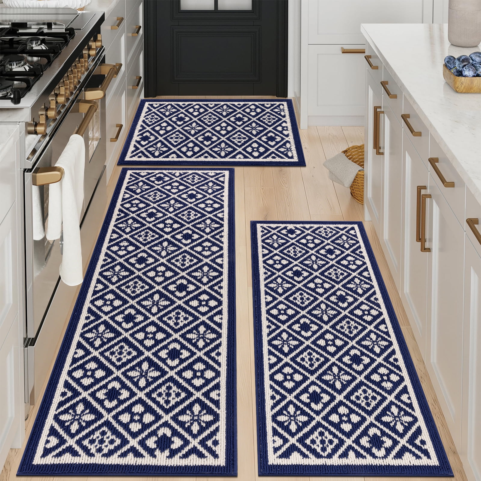 Vaukki Farmhouse Kitchen Rugs Sets of 3, Non Slip Kitchen Floor Mats Washable Kitchen Runner Rug, Blue