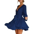 thumbnail image 2 of Women's Dress Deep V-Neck Long Sleeve Waist Tie Ruffle Mini Swing Skater Dresses, 2 of 11