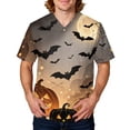 thumbnail image 2 of Domuza Halloween Scrub Shirt Men Pumpkins Skull Print Casual Short Sleeve V Neck T Shirts Fashion Comfortable Funny Medical Blouses with 3 Pocket Red M, 2 of 6