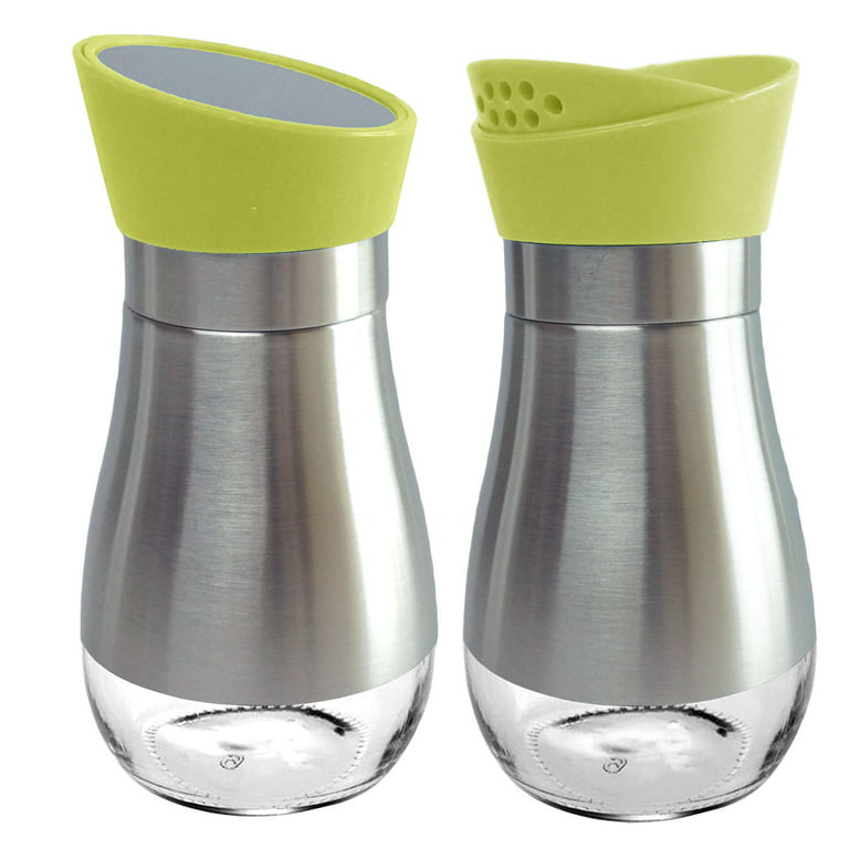 Gravity Salt and Pepper Shakers Set, Salt and Pepper Shakers Set, Stainless Steel, Magnetic Base, One Hand Operated, Closable Lid with Magnetic