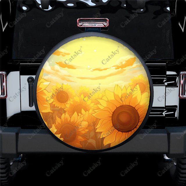 Painting Sunflowers In Field Pattern Polyester Universal Spare Wheel Tire Cover Wheel Covers for Trailer RV SUV Truck Camper