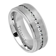 Men Women 8MM Comfort Fit Titanium Wedding Band Brushed Center Shiny Step Edge CZ Eternity Ring (Size 7 to 15)