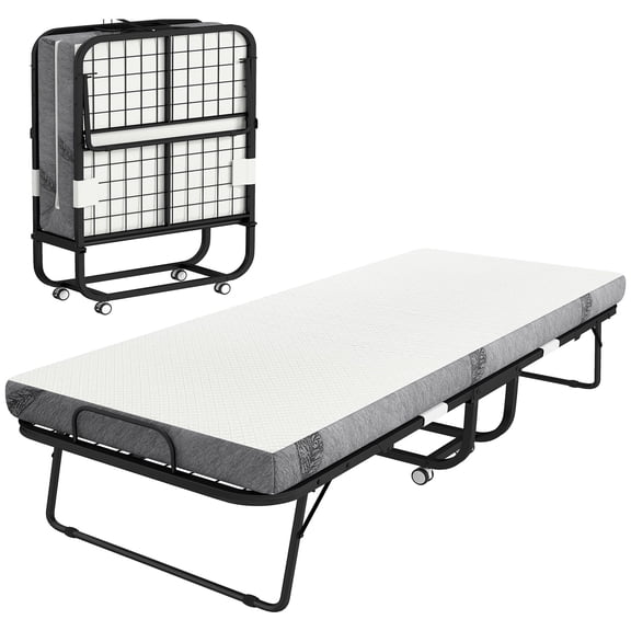 Portable Twin Size Folding Bed with Mattress, Heavy Duty Steel Frame Foldable Guest Bed for Adults, 78.75" x 35.5", Compact Roll Away Design, White