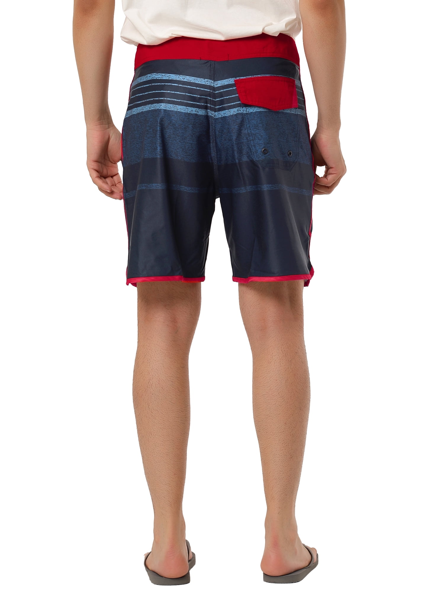 Unique Bargains Men's Summer Printed Drawstring Color Block Swim Beach Shorts 34 Red Navy